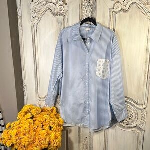 For Love & Lemons Blue Striped Button-Up Sleep Shirt with Floral Pocket